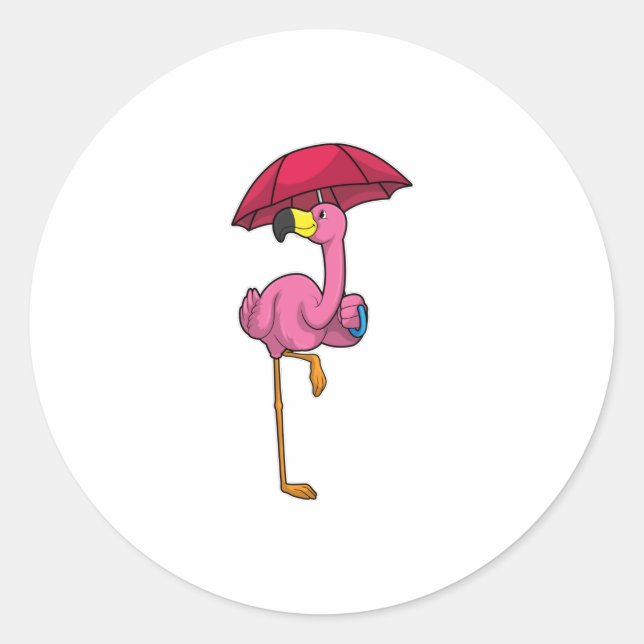 Flamingo beim Regen mit Regenschirm Runder Aufkleber (Vorderseite)