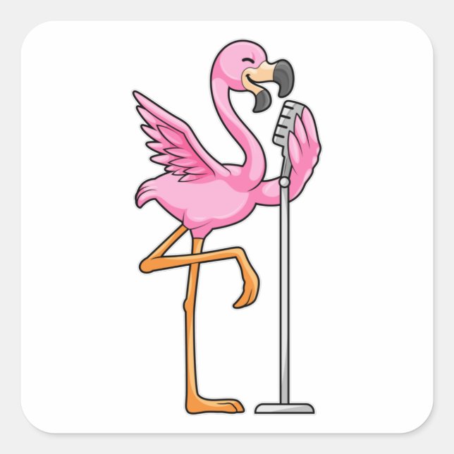 Flamingo beim Singen mit Mikrofon Quadratischer Aufkleber (Vorderseite)