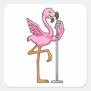 Flamingo beim Singen mit Mikrofon Quadratischer Aufkleber