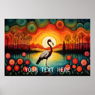 Flamingo Bird Lake Sunset Colorful Floral Poster