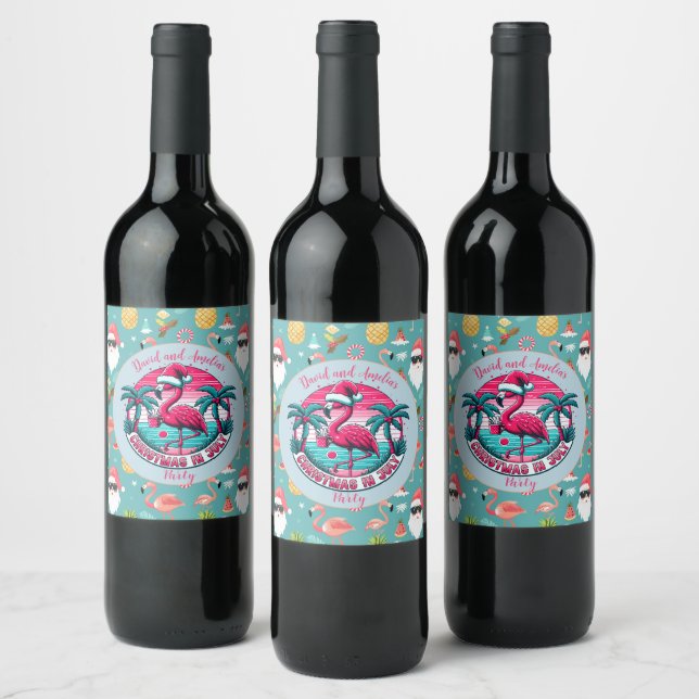 Flamingo Bird mit Hat Christmas im Juli Party Weinetikett (Flaschen)