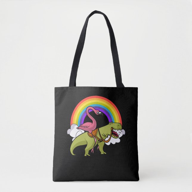 Flamingo Bird Riding T-Rex Dinosaur Rainbow Tasche (Vorderseite)