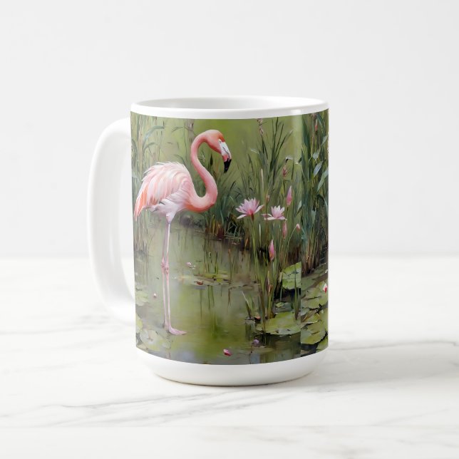 Flamingo Bird Water Lilies and Reeds Oil Painting, Kaffeetasse (Vorderseite Links)