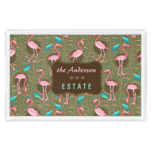 Flamingo Birds 20s Deko Ferns Muster Brown Custom Acryl Tablett