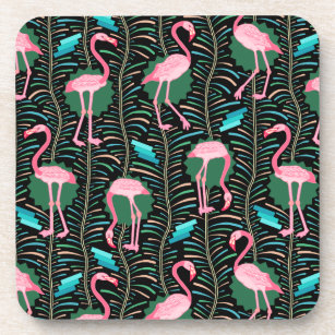 Flamingo Birds 20s Deko Ferns Pattern Black Green Getränkeuntersetzer