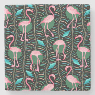 Flamingo Birds 20s Deko Ferns Pattern Black Green Steinuntersetzer