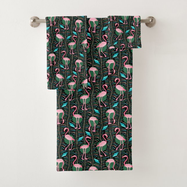 Flamingo Birds 20s Deko Ferns Pattern Black Pink Badhandtuch Set (Insitu)
