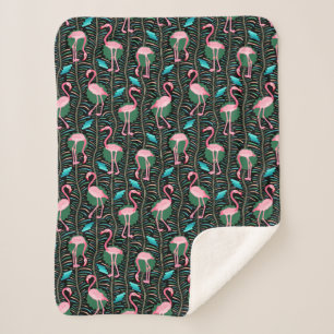 Flamingo Birds 20s Deko Ferns Pattern Black Pink Sherpadecke