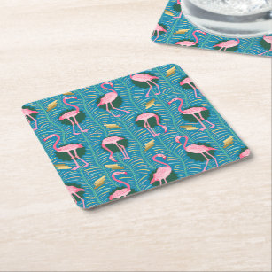 Flamingo Birds 20s Deko Ferns Pattern Blue Gold Rechteckiger Pappuntersetzer
