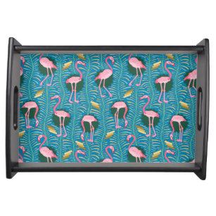 Flamingo Birds 20s Deko Ferns Pattern Blue Gold Serviertablett
