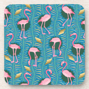 Flamingo Birds 20s Deko Ferns Pattern Blue Gold Untersetzer