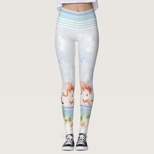 Flamingo Birds Ocean Beach Seashell Stripte Kunst Leggings (Vorderseite)