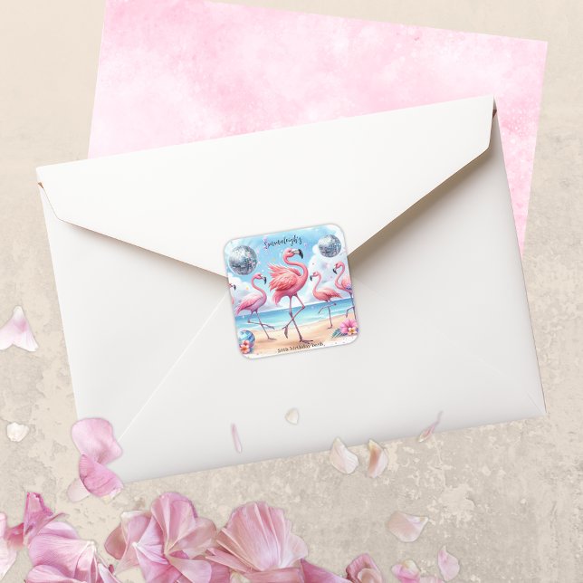 Flamingo Birthday Beach Party Quadratischer Aufkleber (Von Creator hochgeladen)