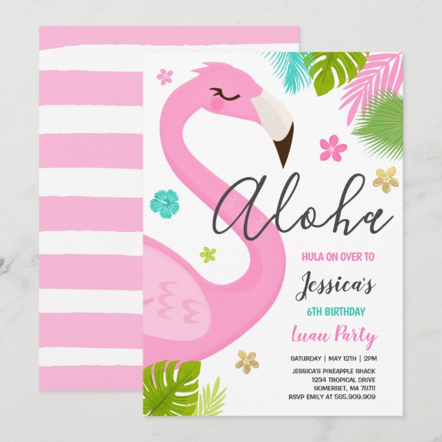 Flamingo Birthday Einladung Hawaiian Luau Party (Vorne/Hinten)
