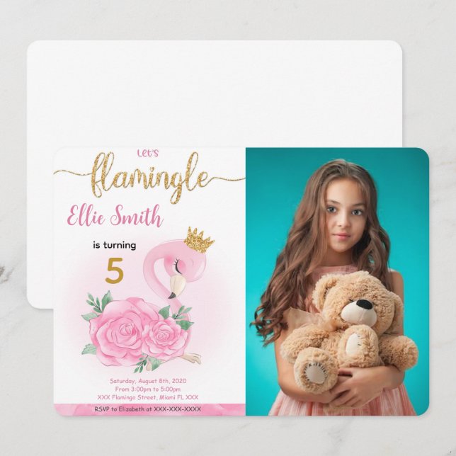 Flamingo Birthday Foto Einladung (Vorne/Hinten)