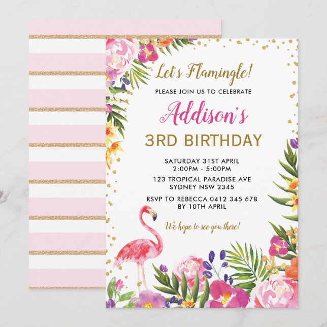 Flamingo Birthday Party Tropical Summer Floral Einladung (Vorne/Hinten)
