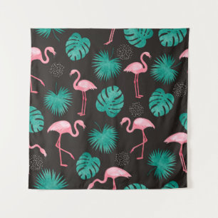 Flamingo, Blätter aus Palmen: tropische Wasserfarb Wandteppich