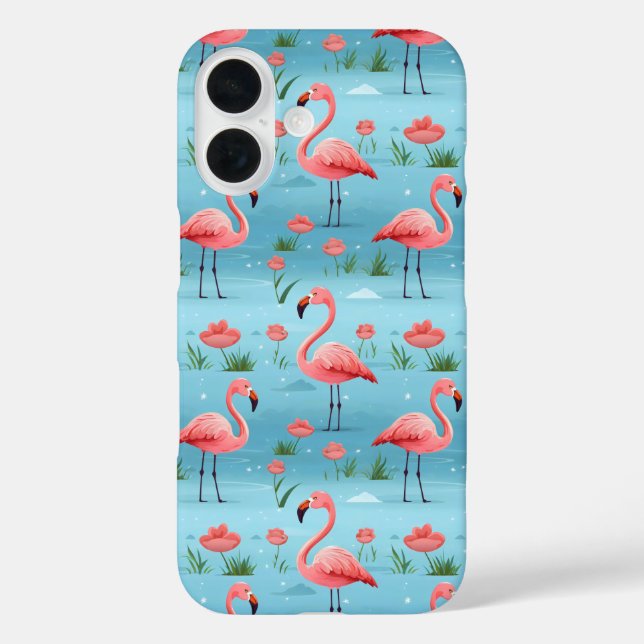 Flamingo Blue Water Pattern iPhone 16 Hülle (Rückseite)