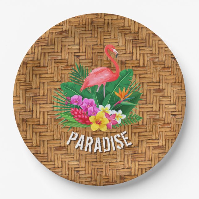 Flamingo-Blume auf Wicker-Muster Pappteller (Vorderseite)