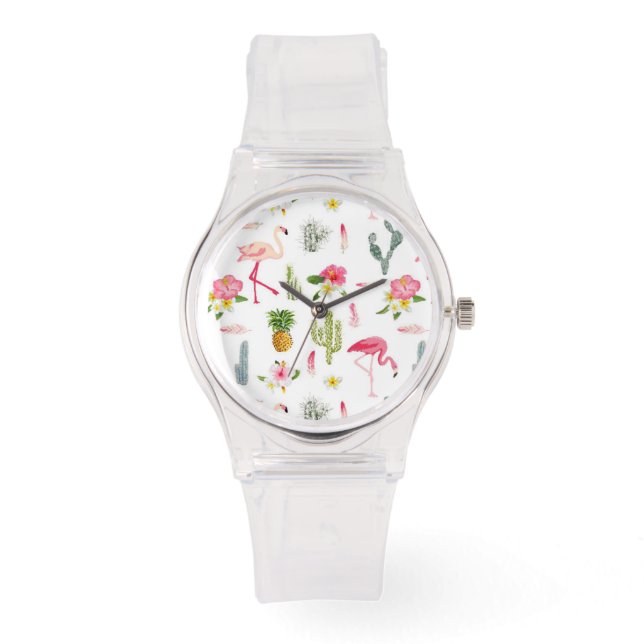 Flamingo Cactus Pineaple Hibiskus Pattern Armbanduhr (Vorderseite)