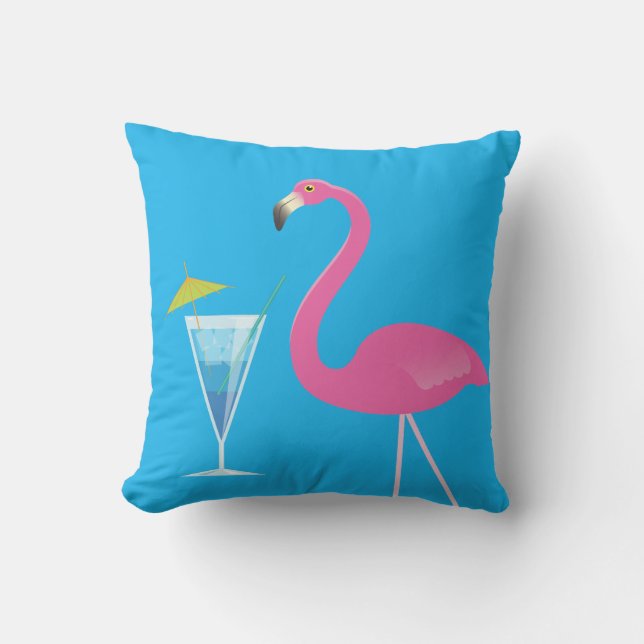 Flamingo & Cocktail auf blauem Kissen im Freien (Vorderseite)