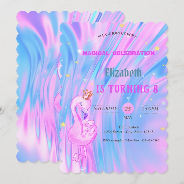 Flamingo, Crown Ombre Holographic Opal Birthday Einladung (Vorne/Hinten)