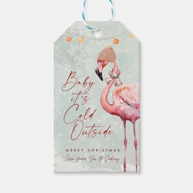 flamingo dans la neige étiquettes cadeaux de Noël (Devant)