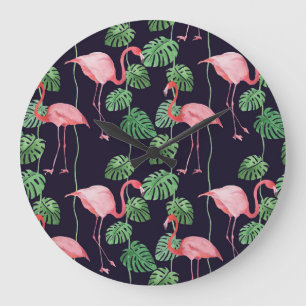 Flamingo Dark: Kleines Aquarellmuster. Große Wanduhr