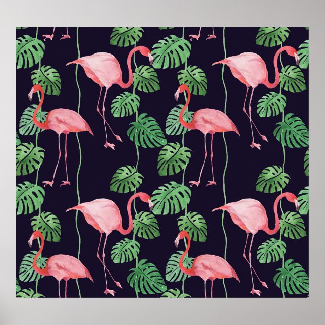 Flamingo Dark: Kleines Aquarellmuster. Poster (Vorne)