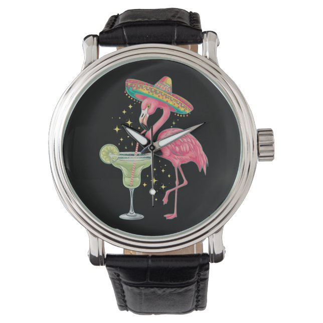 Flamingo Drinking Margarita Funny Mexican Poncho Armbanduhr (Vorderseite)