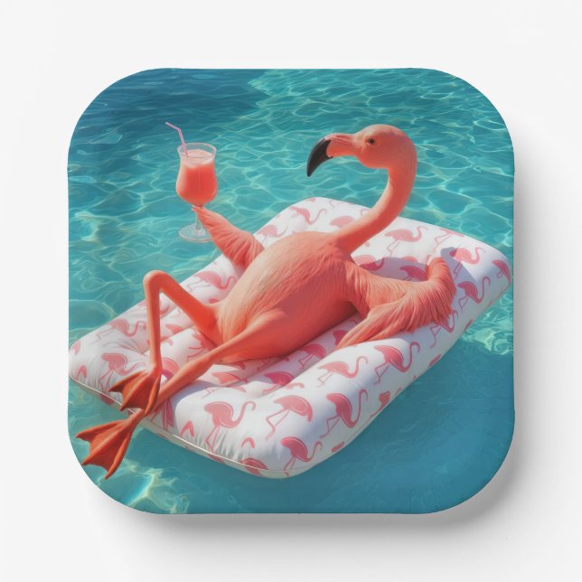 Flamingo entspannt sich auf einer Poolmatratze Pappteller (Vorderseite)
