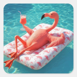 Flamingo entspannt sich auf einer Poolmatratze Quadratischer Aufkleber