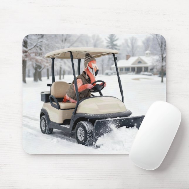 Flamingo fährt Golfwagen mit Schneepflug Mousepad (Mit Mouse)