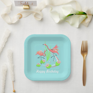 Flamingo Fandango Duo Happy Birthday Square Pappteller
