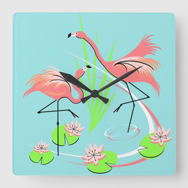 Flamingo Fandango Duo Taktquadrat Quadratische Wanduhr (Vorderseite)