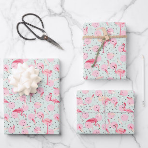 Flamingo Feathers on Polka Dots Geschenkpapier Set