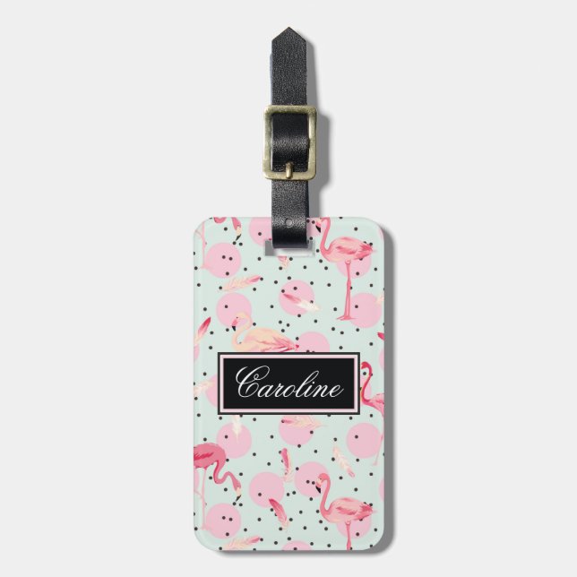 Flamingo-Federn auf Tupfen Gepäckanhänger (Vorderseite vertikal)