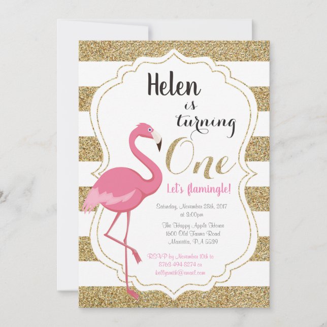 Flamingo First Birthday Invitation Girl Einladung (Vorderseite)