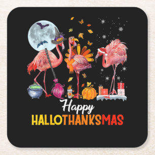 Flamingo Flamingo Halloween und frohe Weihnachten Rechteckiger Pappuntersetzer