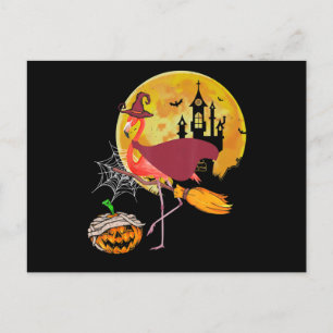 Flamingo   Flamingo Reitet Besen Kürbis Halloween Feiertagspostkarte