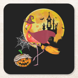 Flamingo   Flamingo Riding Broom Pumpkin Halloween Rechteckiger Pappuntersetzer
