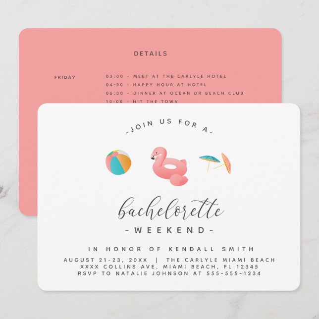 Flamingo Float Pool Party Bachelorette Wochenende Einladung (Vorne/Hinten)