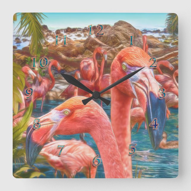 FLAMINGO FLOCK INSELN QUADRATISCHE WANDUHR (Vorderseite)