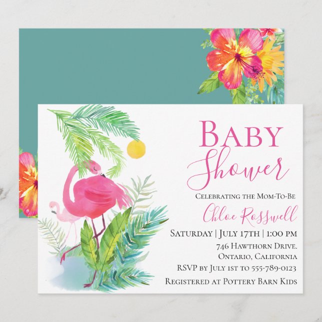 Flamingo Floral Baby Dusche Einladung (Vorne/Hinten)