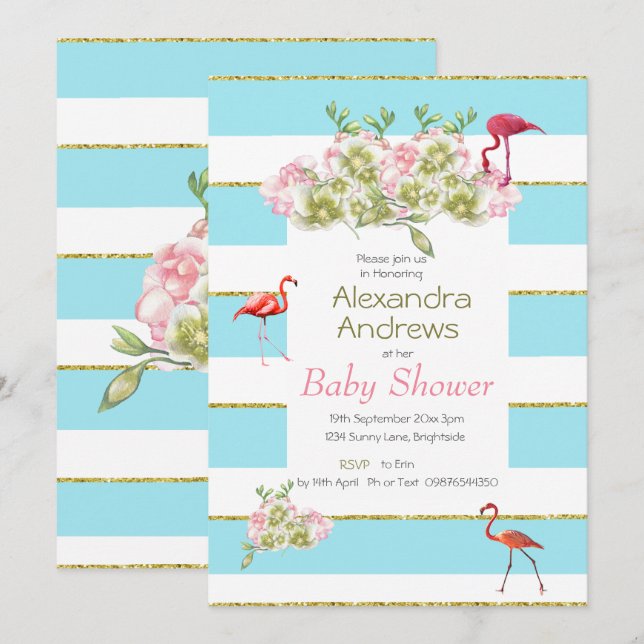 Flamingo Floral Blue Stripe Baby Dusche Einladung (Vorne/Hinten)