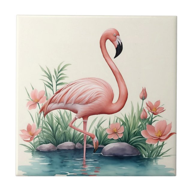 Flamingo Floral Pink Bird Fliese (Vorderseite)