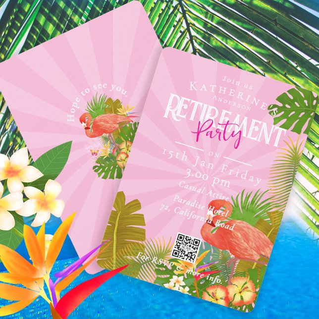 Flamingo Florida Tropical Pink Retirement Einladung (Flamingo Tropical Retirement Party Invitation Card.)