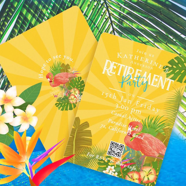 Flamingo Florida Tropical Yellow Retirement Einladung (Flamingo Tropical Retirement Party Invitation Card.)