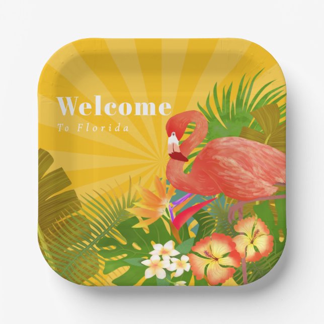 Flamingo Florida Welcome Yellow Orange Pappteller (Vorderseite)