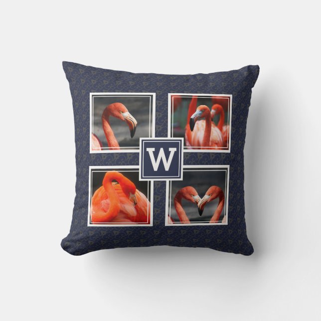 FLAMINGO Foto Collage Monogram Blue Kissen (Vorderseite)